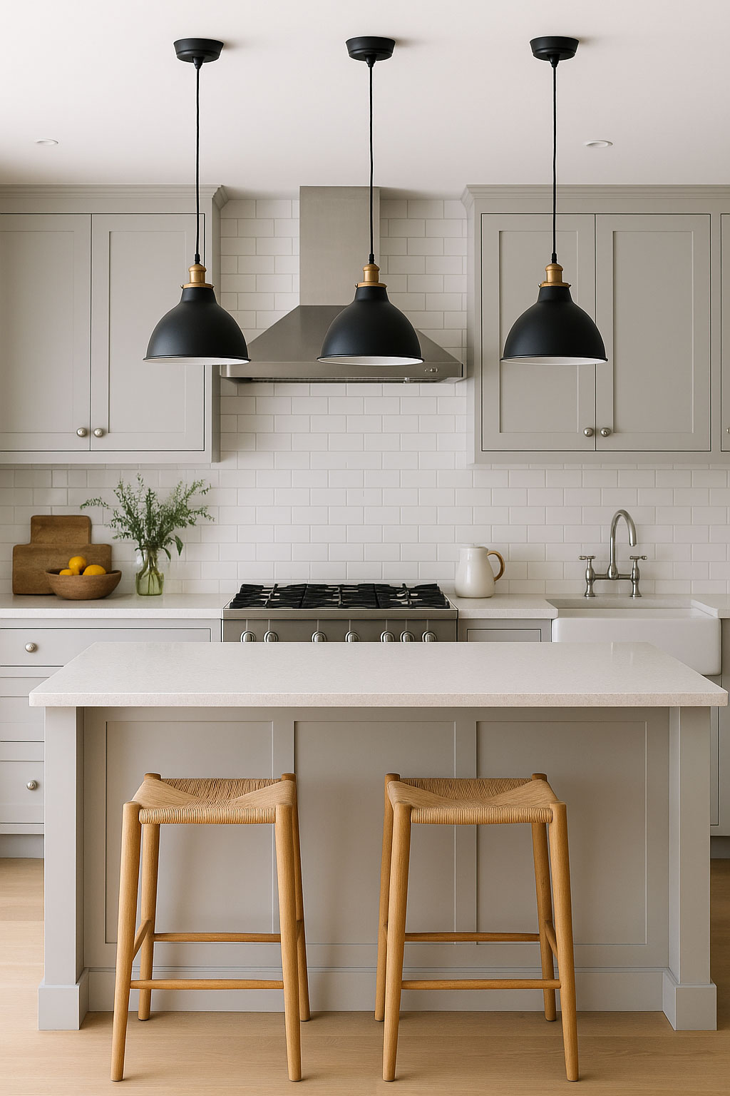 Modern kitchen with stylish pendant lights.