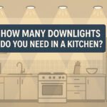 Illustration of a modern kitchen with overhead downlights and the title ‘How many downlights do I need in a kitchen?’ displayed at the center.