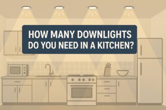 Illustration of a modern kitchen with overhead downlights and the title ‘How many downlights do I need in a kitchen?’ displayed at the center.