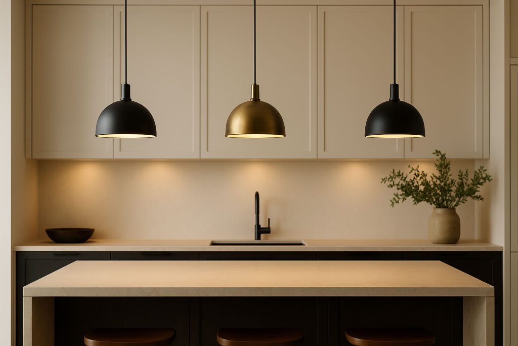 Kitchen with three gold dome pendant lights over worktop.