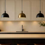 Modern dining room with black and gold pendant lights.
