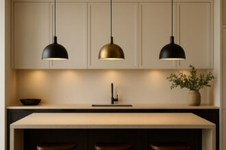 Modern dining room with black and gold pendant lights.