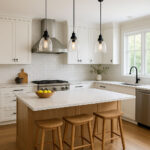 Bright modern kitchen showcasing kitchen island pendant ideas with three glass pendants hanging above a marble-topped island