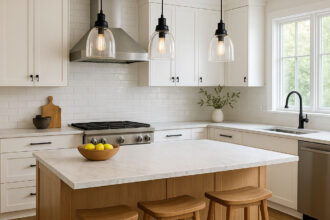 Bright modern kitchen showcasing kitchen island pendant ideas with three glass pendants hanging above a marble-topped island