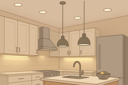 A modern kitchen illustrating a balanced kitchen lighting layout, featuring recessed ceiling lights, pendant lights over the island, and warm under-cabinet lighting.