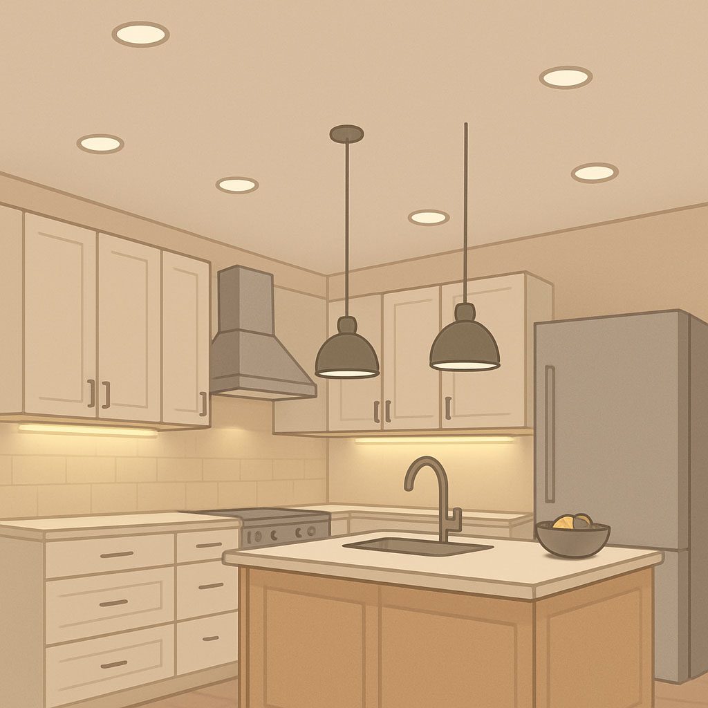 A modern kitchen illustrating a balanced kitchen lighting layout, featuring recessed ceiling lights, pendant lights over the island, and warm under-cabinet lighting.