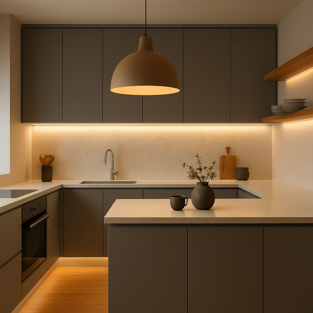 Contemporary kitchen with mixed-tone cabinetry and warm pendant lights.