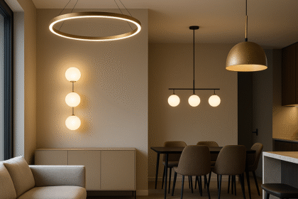 Contemporary Modern lighting ideas living-dining space with ring pendant light.
