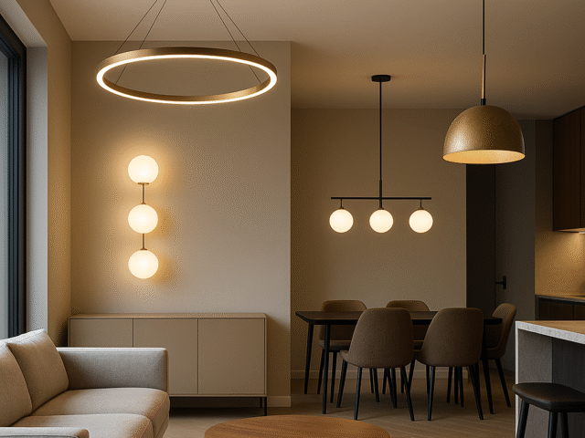 Contemporary Modern lighting ideas living-dining space with ring pendant light.