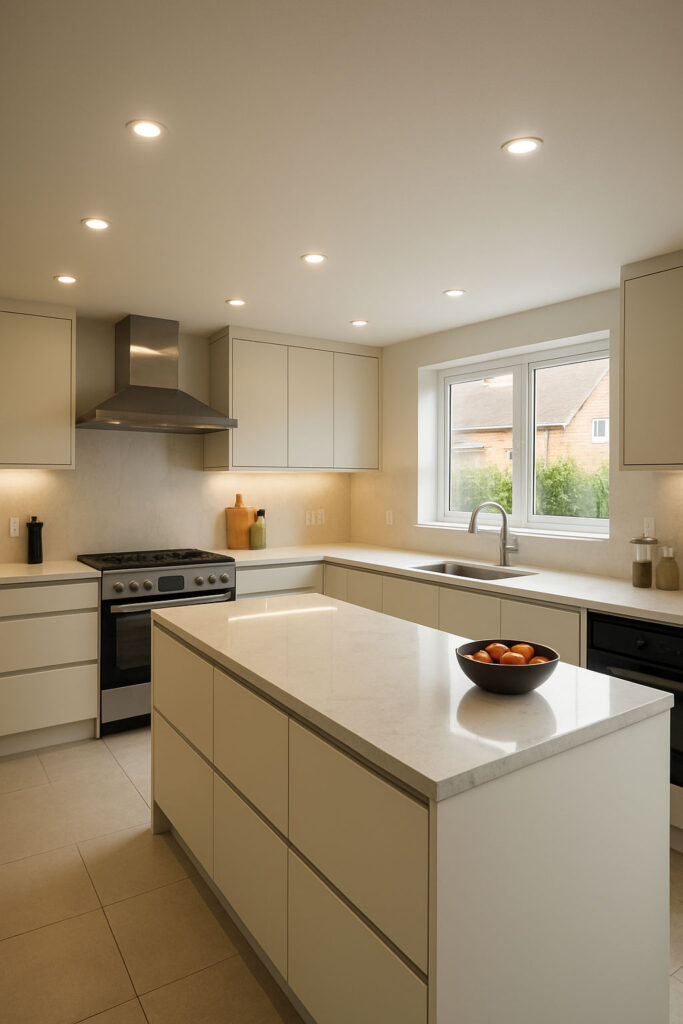 Long linear kitchen with soft LED strip lighting.