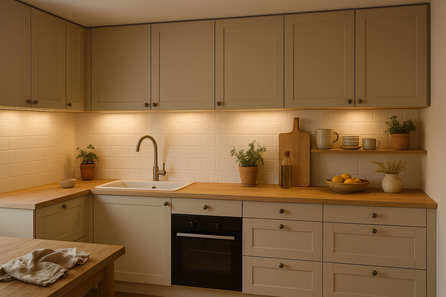 Neutral kitchen with under-cabinet lighting and a built-in oven.