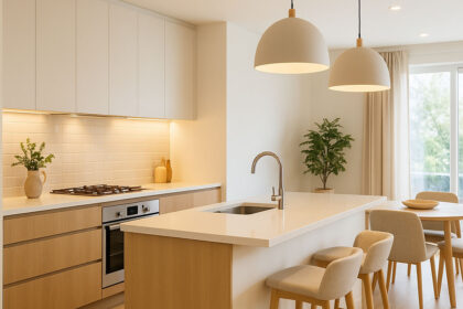 Modern UK kitchen showing ideal lumens for kitchen lighting with bright LED downlights
