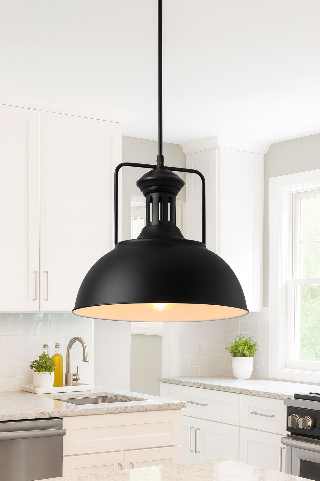 Black industrial dome pendant light over counter.