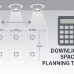 Downlight spacing calculator showing ceiling layout with evenly spaced recessed downlights and measurement guides