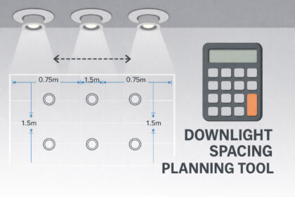 Downlight spacing calculator showing ceiling layout with evenly spaced recessed downlights and measurement guides