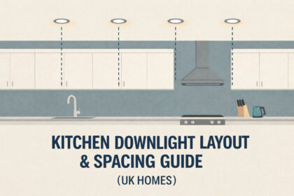 Flat style illustration of a modern UK kitchen showing a kitchen downlight layout with four evenly spaced recessed ceiling lights above cabinets and worktops, using dashed guide lines to illustrate spacing in a clean, minimalist diagram style.