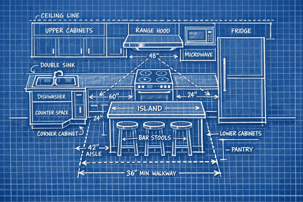 Blueprint style drawing showing a planned kitchen layout with cabinets, worktops, appliances, sink, hob, and clear dimensions for spacing and workflow.