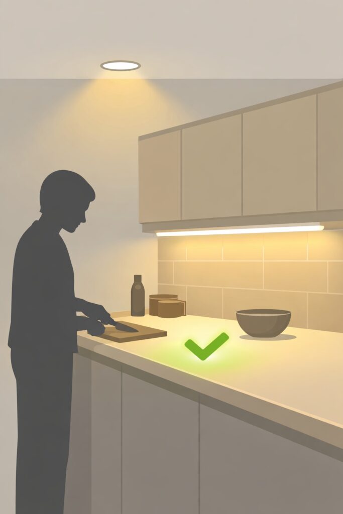 Side view illustration of a person at a kitchen worktop lit by a ceiling downlight and an under cabinet LED strip, fully illuminating the surface with warm light and no shadows.