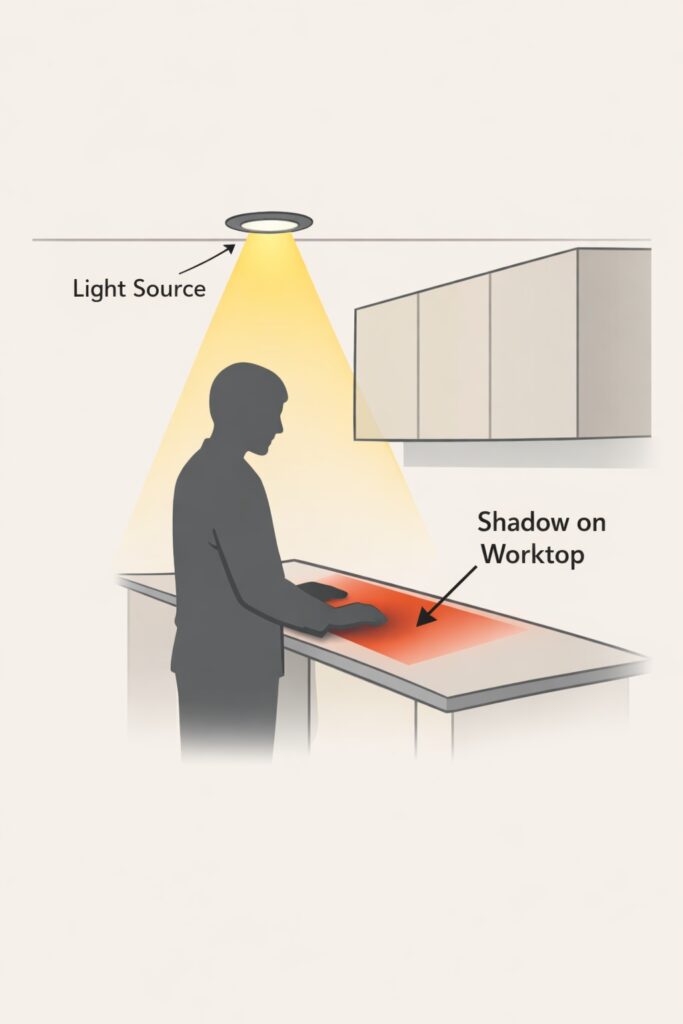 Side view illustration of a person standing at a kitchen worktop with a ceiling downlight positioned behind them, showing the light cone blocked by the body and a highlighted shadow falling across the worktop where hands are used.