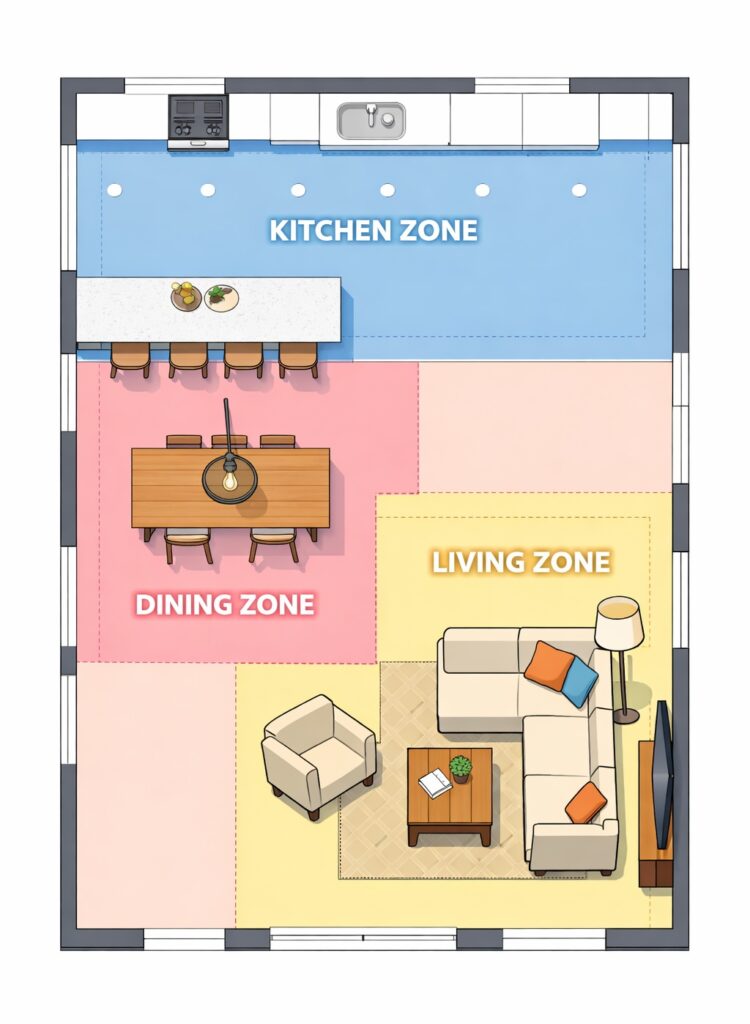 Bird’s eye view floor plan of an open plan kitchen living dining space with three colour coded zones: light blue kitchen zone with recessed downlights only, light pink dining zone with a single pendant over the table, and light cream living zone with a floor lamp, shown in a clean architectural style.
