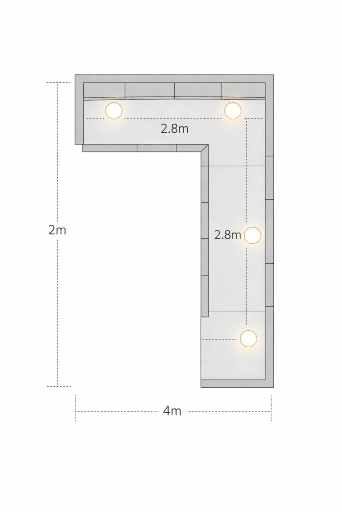 Bird’s eye view architectural floor plan of a small 2m by 4m galley kitchen with an L shaped worktop and three recessed ceiling downlights arranged in an L pattern, showing 55cm offset from cabinets and 2.8m spacing with measurement annotations.