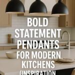 A warm modern kitchen with three matte black dome pendants above a light island, styled as a feature image for an article about bold statement pendants for modern kitchens.