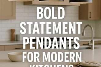 A warm modern kitchen with three matte black dome pendants above a light island, styled as a feature image for an article about bold statement pendants for modern kitchens.