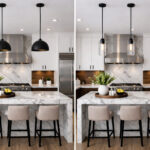 how many pendants over kitchen island - comparison showing 2 vs 3 pendant options.