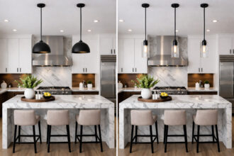 how many pendants over kitchen island - comparison showing 2 vs 3 pendant options.