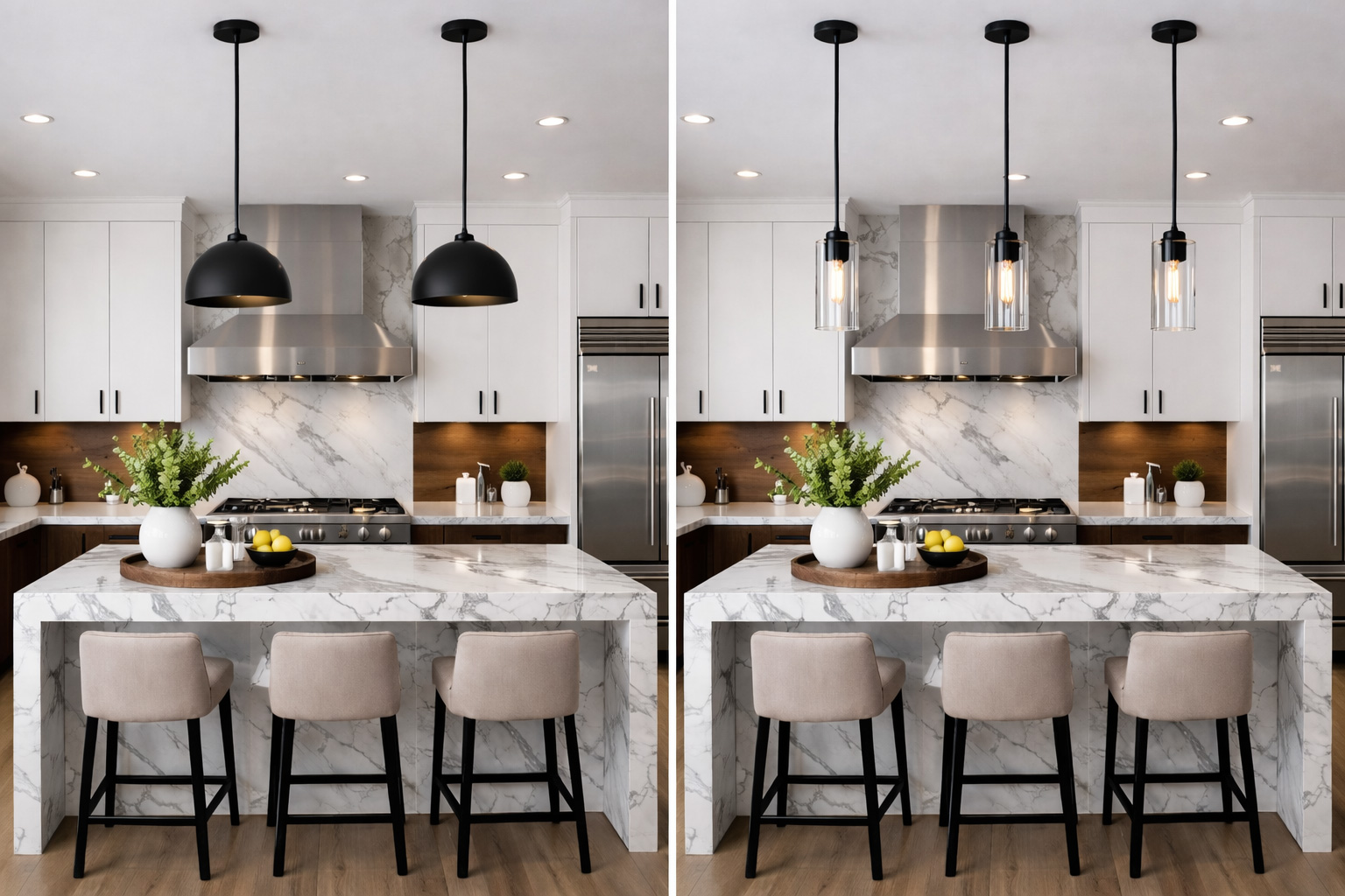 how many pendants over kitchen island - comparison showing 2 vs 3 pendant options.