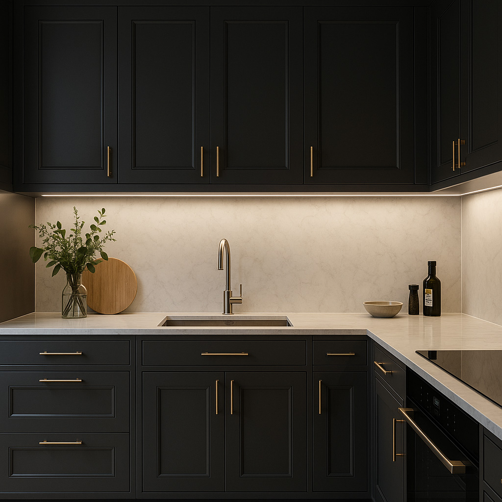 Luxury UK kitchen with slim linear LED bar under cabinets, bright task lighting across stone worktop
