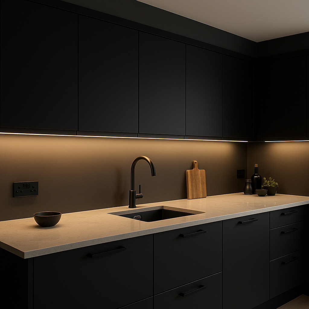 Modern matte black UK kitchen with continuous LED strip under cabinets, warm white glow onto quartz worktop