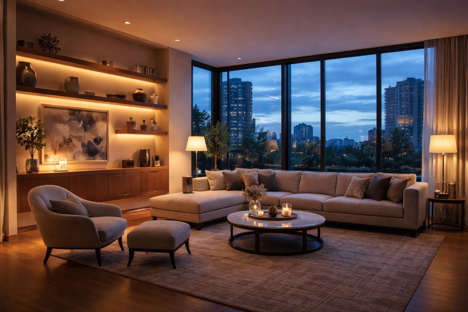 Blue hour view of a contemporary living room with large windows at twilight, softly glowing warm accent lights on shelves and artwork, creating a calm and relaxed evening atmosphere.
