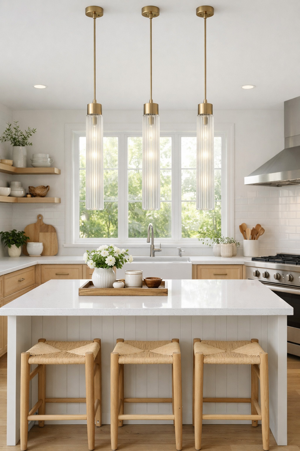 Bright Scandinavian kitchen with pale wood cabinets, white quartz island, and three slender fluted glass tube pendant lights hanging in a row in front of a window.