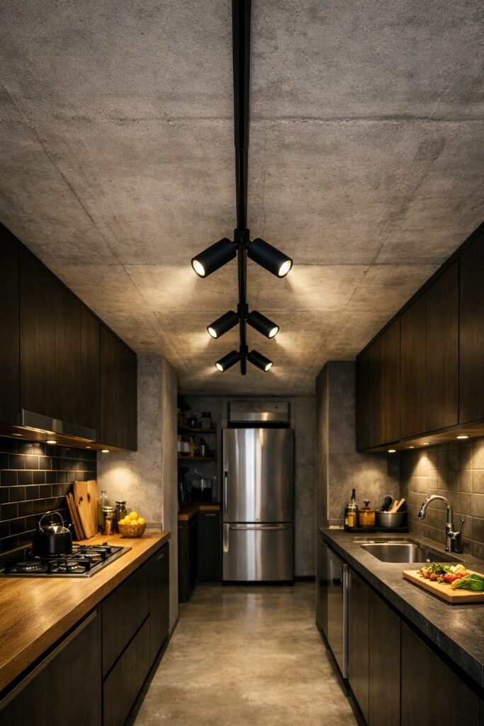 Industrial galley kitchen with a central black ceiling track light, where adjustable spotlights are angled alternately left and right to illuminate both worktops rather than the floor.