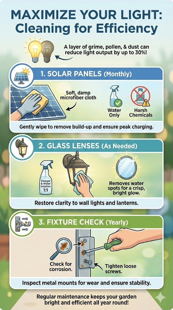 Cleaning for Efficiency" showing three essential steps to maintain garden lighting. Section 1 illustrates wiping solar panels monthly with a damp microfiber cloth to prevent a 30% drop in light output. Section 2 shows cleaning glass lenses with a vinegar and water solution to remove hard water spots. Section 3 advises checking metal fixtures once a year for loose screws or corrosion. A practical guide for maintaining British patio lights.