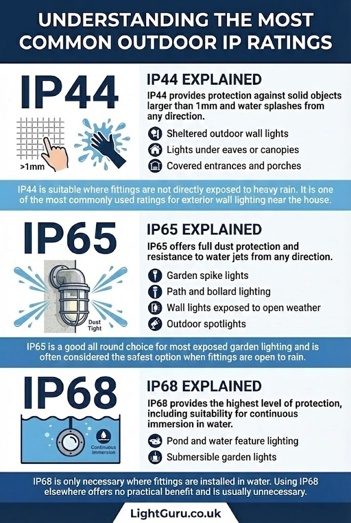 An infographic detailing common outdoor IP ratings (IP44, IP65, IP68) with usage examples and icons, featuring a weather-resistant light fitting graphic for IP65 and LightGuru.co.uk branding at the bottom