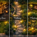 Overhead garden plan showing separate zones for dining, pathway, and planting, each softly lit to illustrate a thoughtful outdoor layout strategy