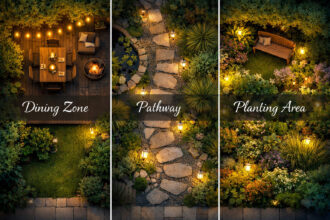 Overhead garden plan showing separate zones for dining, pathway, and planting, each softly lit to illustrate a thoughtful outdoor layout strategy