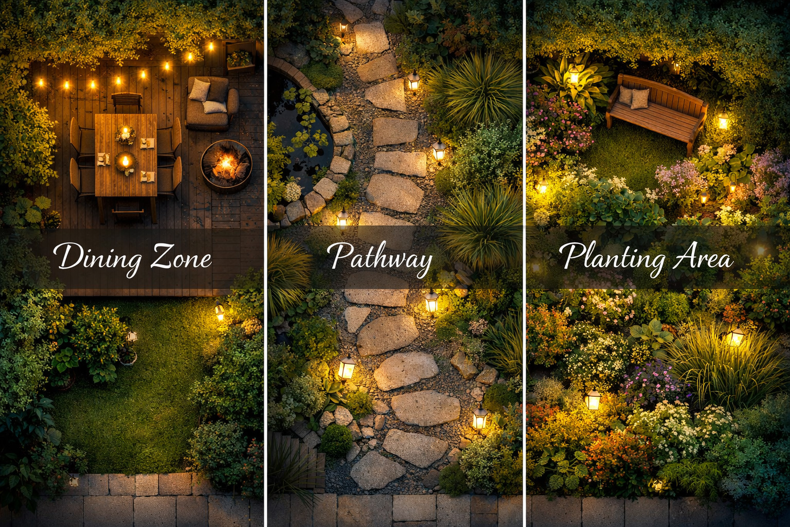Overhead garden plan showing separate zones for dining, pathway, and planting, each softly lit to illustrate a thoughtful outdoor layout strategy