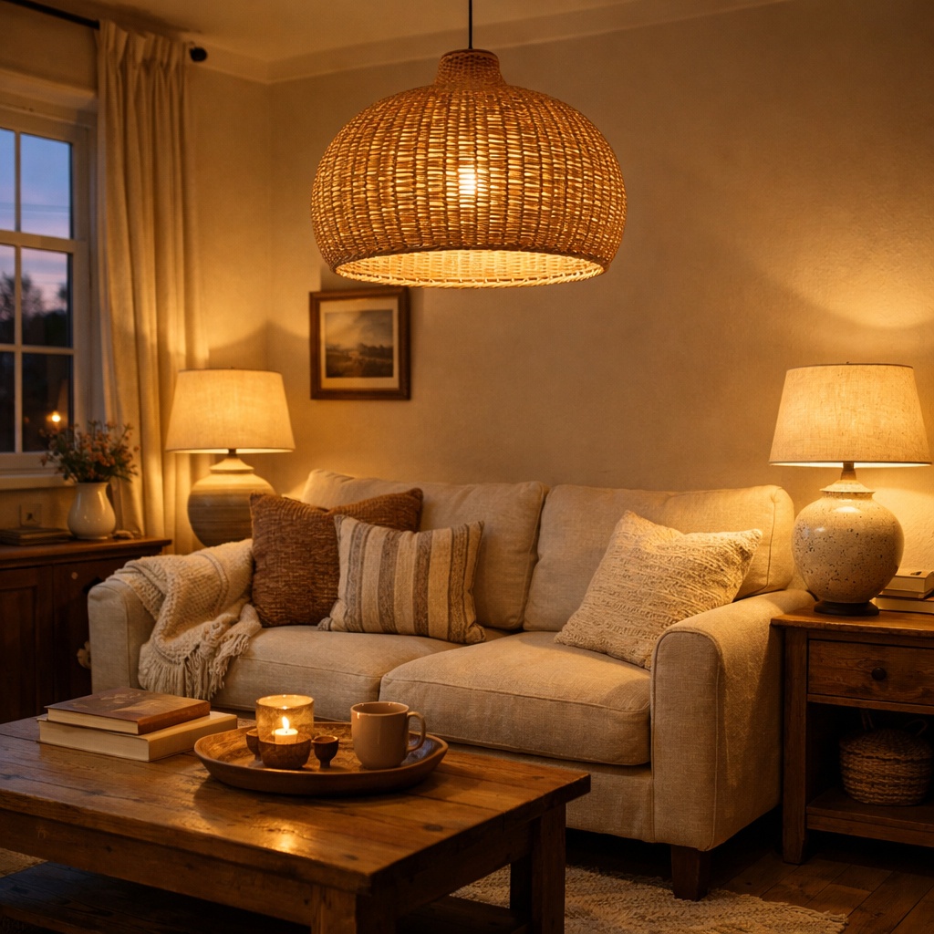 Cosy British living room at dusk with warm layered lighting, a woven rattan pendant light, ceramic table lamps with linen shades beside a beige linen sofa, wooden coffee table, textured cushions and throws, and soft evening light through the window.