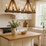 Warm cottage farmhouse kitchen lighting with rustic wood chandeliers above a kitchen island