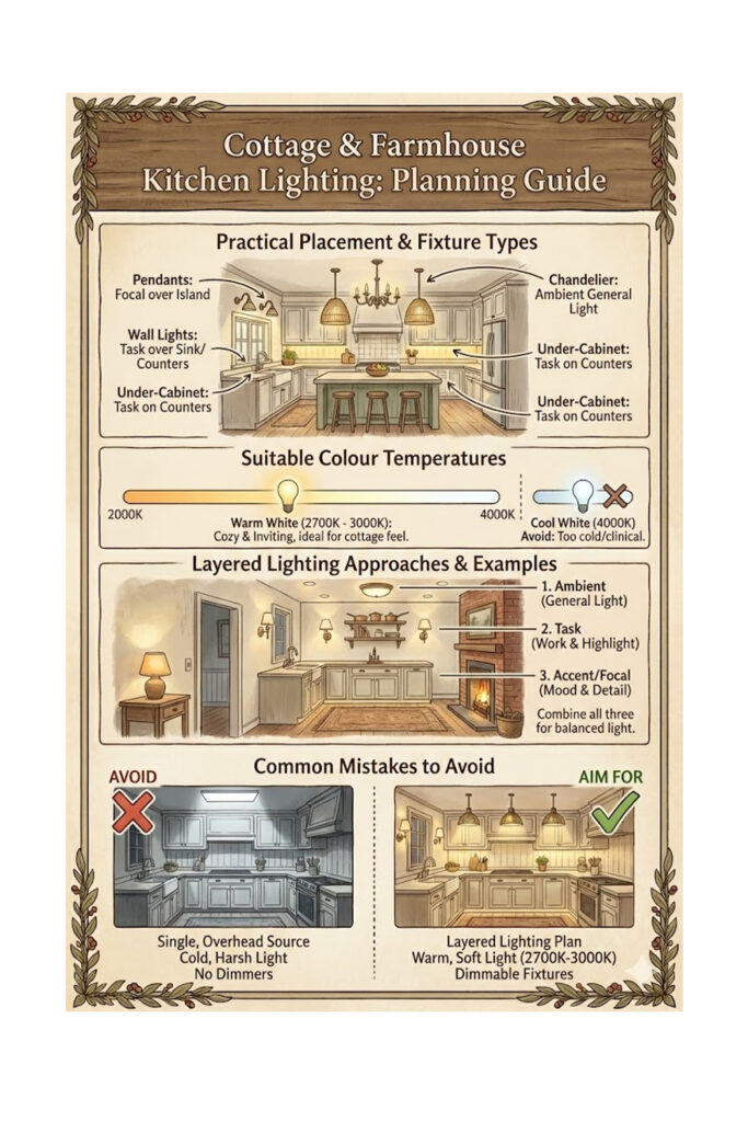 Infographic summary outlining a guide to cottage and farmhouse kitchen lighting, listing key topics such as practical placement, suitable color temperatures, fixture types, layered lighting examples, and common mistakes to avoid.