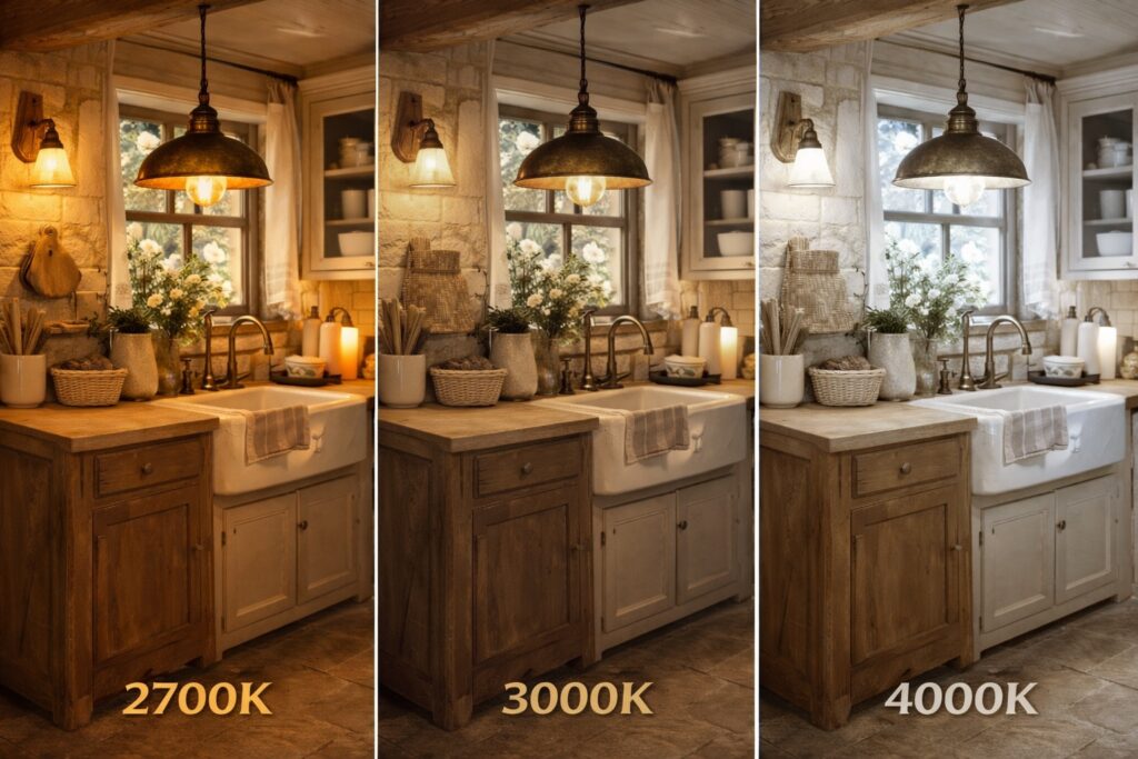 Split comparison of the same cottage kitchen showing lighting at 3000K, 3300K, and 4000K, illustrating warm, balanced, and cool colour temperatures, with 3000K appearing slightly too warm and 4000K too cool for traditional cottage kitchen styles.
