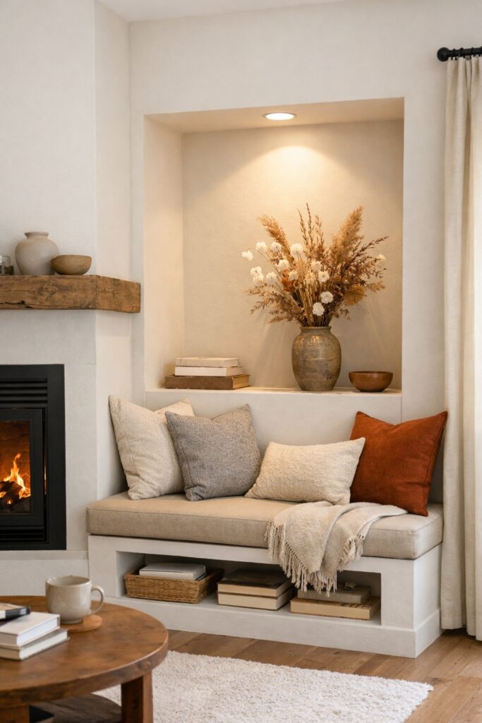 Cozy modern living room alcove beside a fireplace with a recessed ceiling spotlight illuminating a vase of dried flowers, softly balanced by natural daylight.
