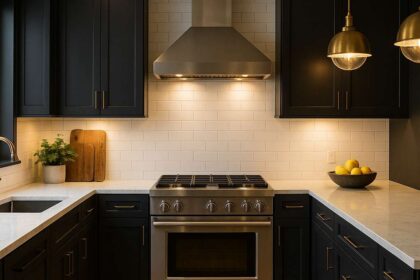 Dark cabinetry lighting ideas using layered kitchen lighting