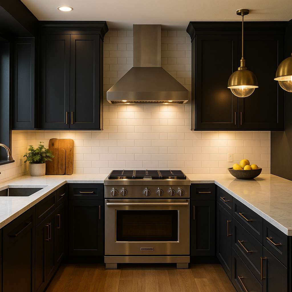Dark cabinetry lighting ideas using layered kitchen lighting
