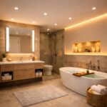 Modern bathroom with elegant lighting features.