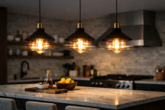 fix LED kitchen flicker buzz shown with modern kitchen island and pendant lights displaying visible bulb flicker glitch effect while the rest of the kitchen remains sharp and cinematic