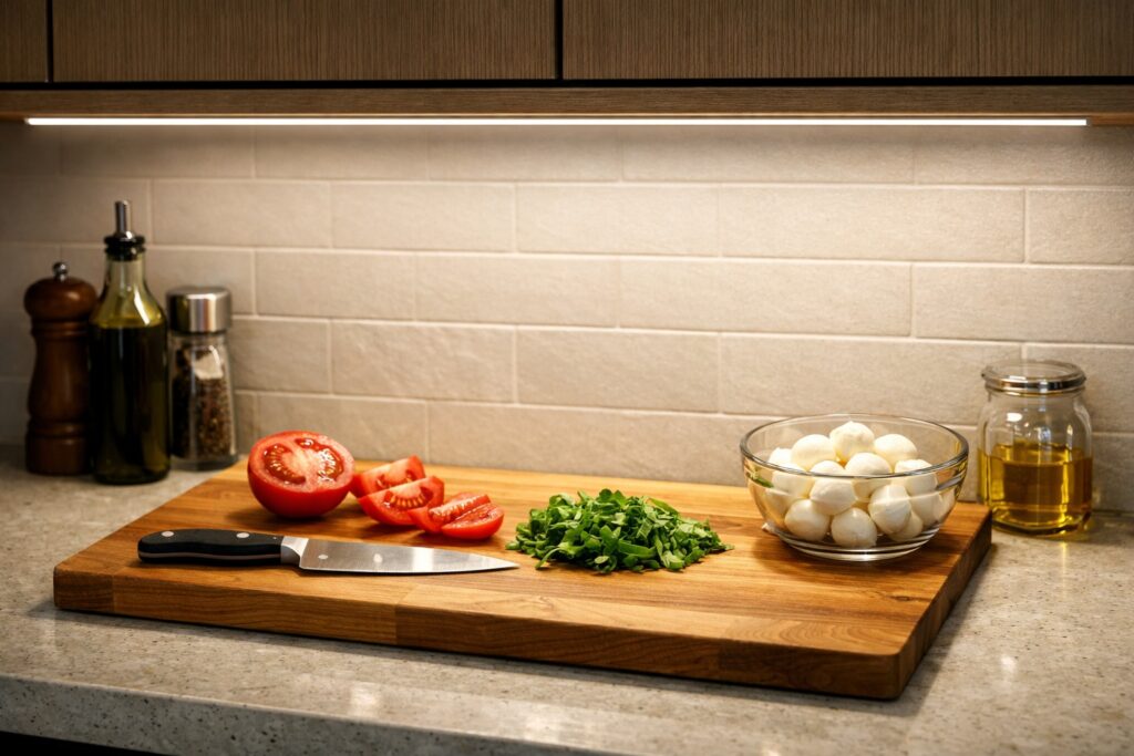 Front-mounted under-cabinet LED strip lighting concealed behind the cabinet lip, casting an even, continuous wash of light onto a kitchen worktop and backsplash with no visible dots.